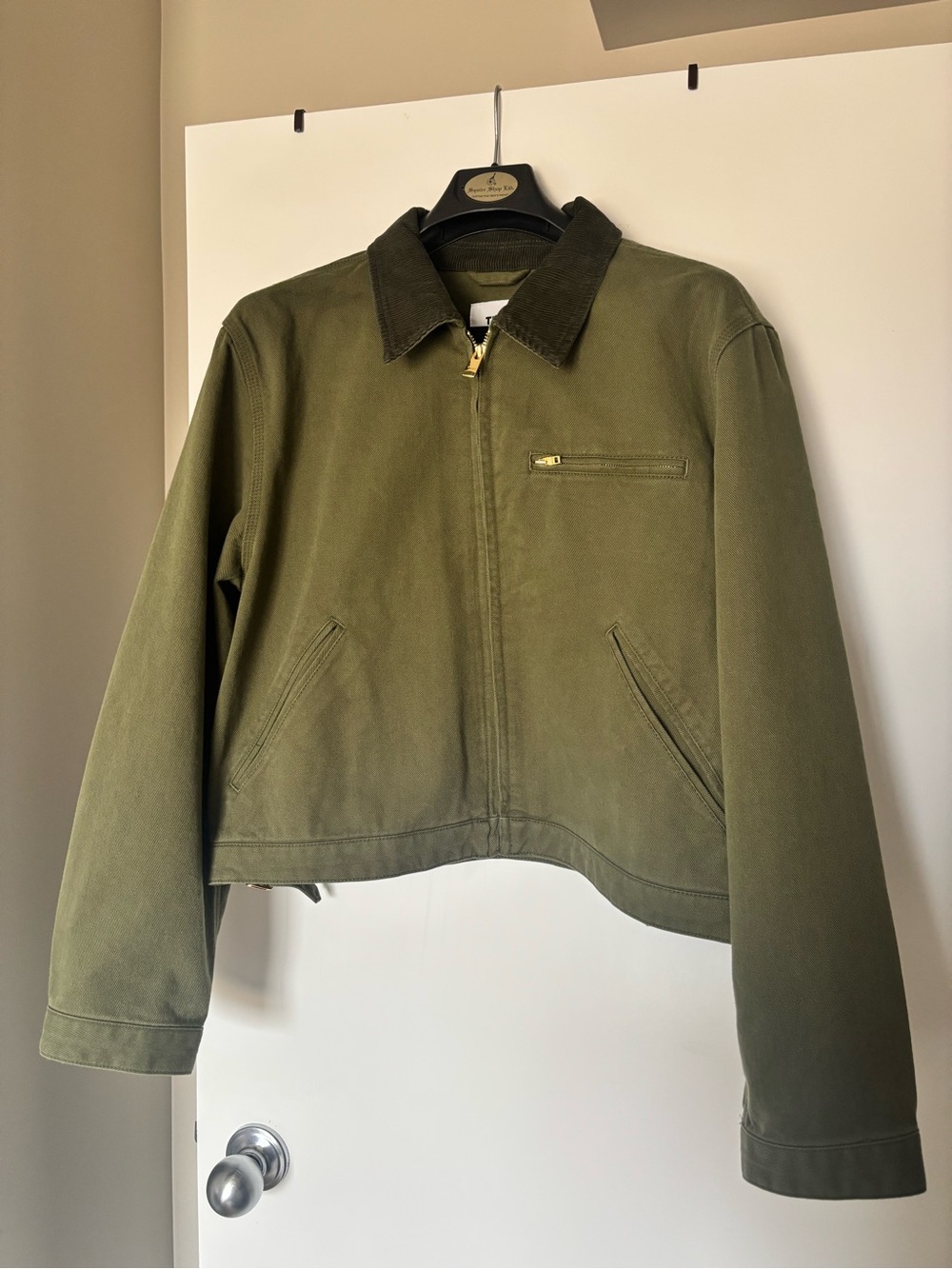 TNA Olive Green Crop Zip Jacket with Corduroy Collar